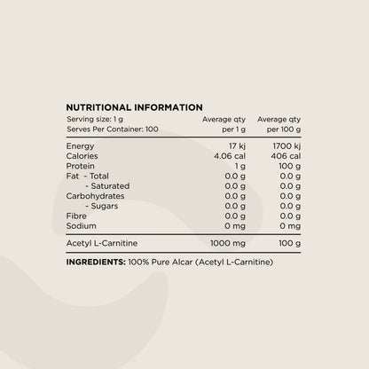Switch Nutrition Carnitine 100% Pure Acetyl L-Carnitine 100g, Unflavoured For Energy Production
