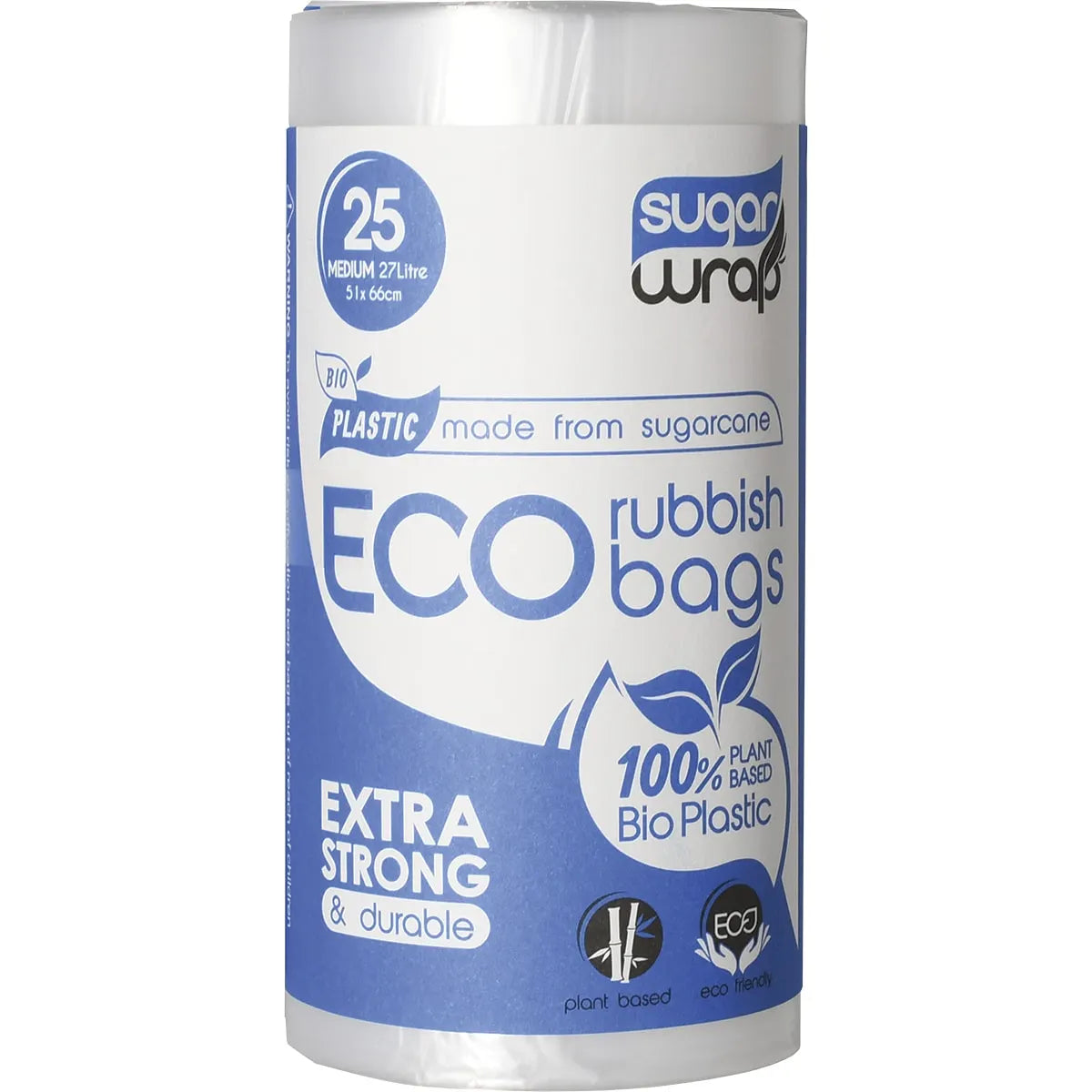 Sugar Wrap Eco Rubbish Bags Medium 27L 25pk, Made From Sugarcane Extra Strong & Durable