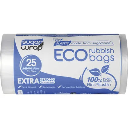 Sugar Wrap Eco Rubbish Bags Medium 27L 25pk, Made From Sugarcane Extra Strong & Durable