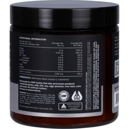 Switch Nutrition Carnitine 100% Pure Acetyl L-Carnitine 100g, Unflavoured For Energy Production