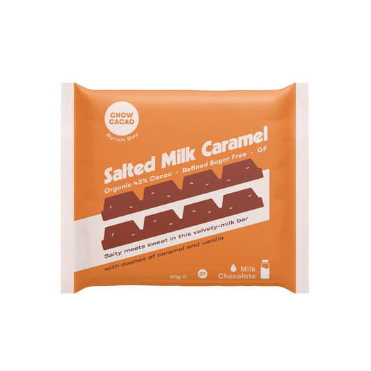 Chow Cacao Salted Milk Caramel Chocolate Block 60g, With Organic Cacao