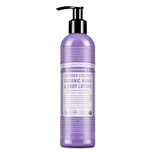 Dr Bronner's Organic Hand & Body Lotion 237mL, Lavender & Coconut Fragrance Soothing & Nourishing