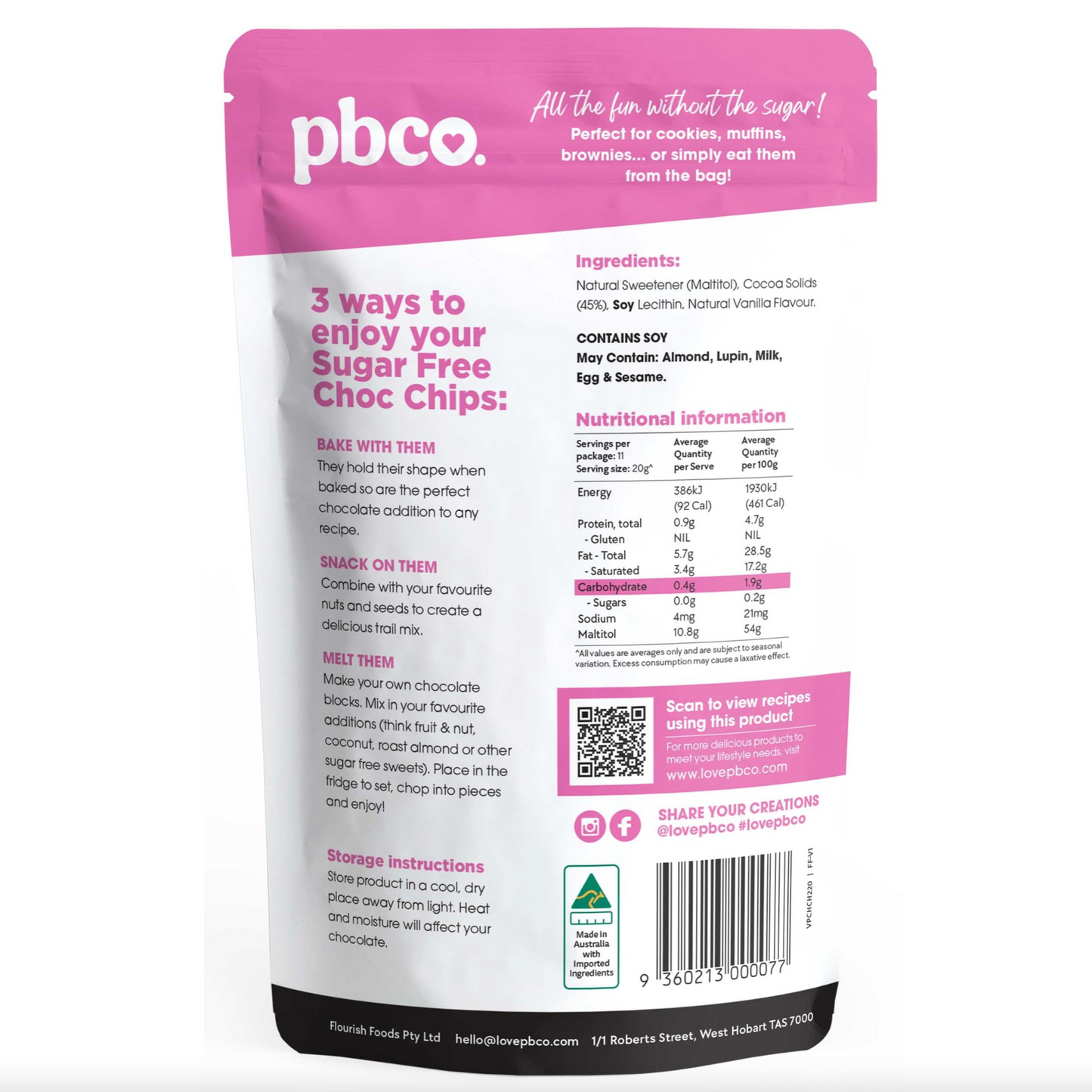 PBCo 98% Sugar Free Chocolate Chips 220g, Low Carb