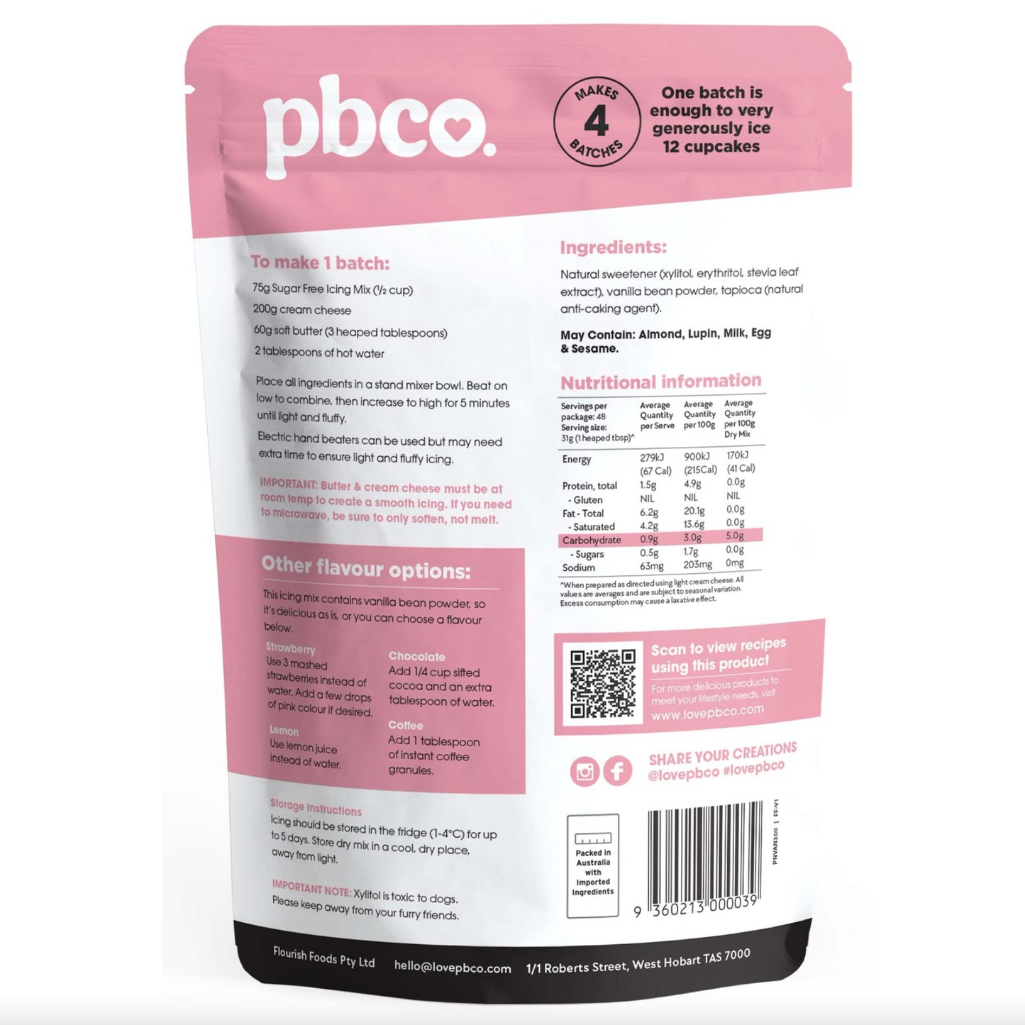 PBCo 98% Sugar Free Vanilla Icing Mix 300g, Keto Friendly