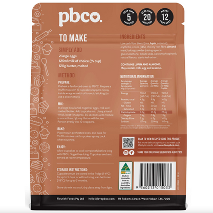 PBCo Low Carb Mix 260g, Chocolate Cupcake Mix