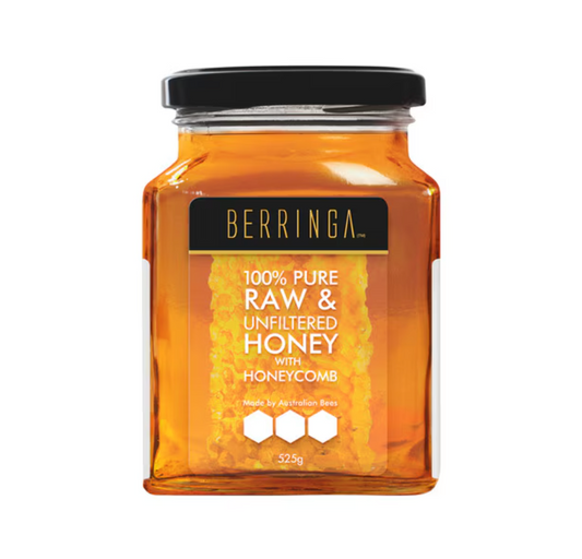 Berringa 100% Pure Raw & Unfiltered Honey with Honeycomb 525g, Made By Australian Bees