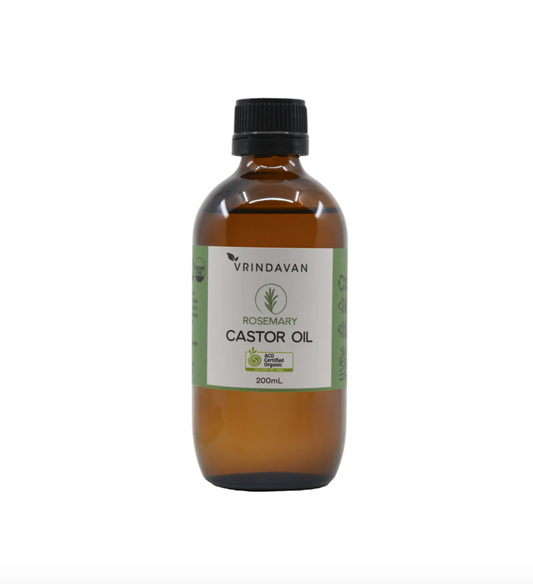 Vrindavan Rosemary Castor Oil 200ml, Certified Organic In Glass Bottle