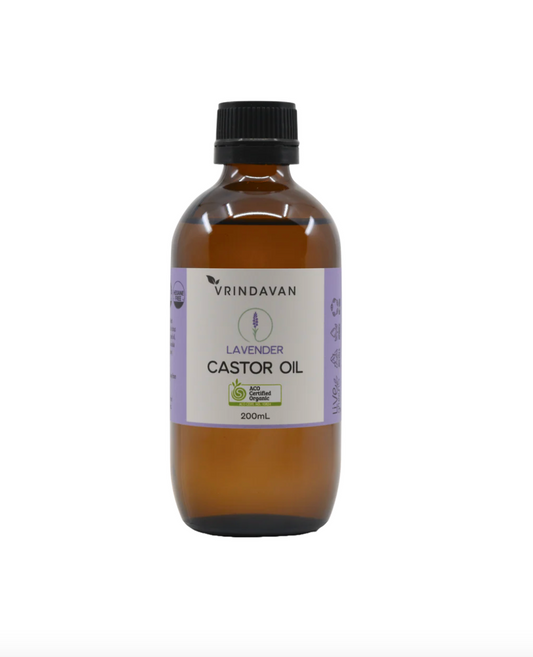 Vrindavan Lavender Castor Oil 200ml, Certified Organic In Glass Bottle