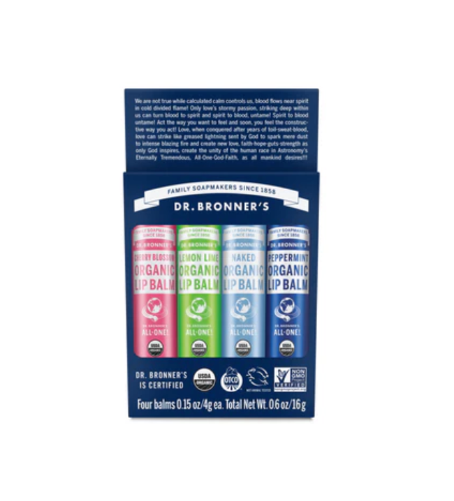 Dr Bronner's Organic Lip Balm 4g x 4 Pack, Contains Cherry Blossom, Lemon Lime, Naked & Peppermint Flavour