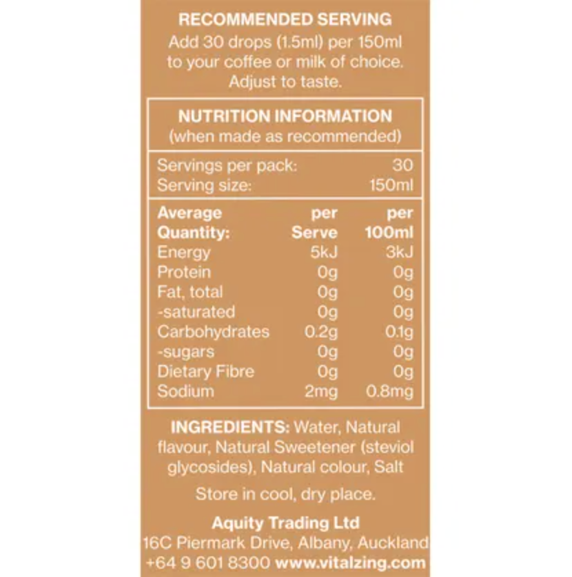 Vital Zing Natural Flavouring Caramel Cafe Drops 40mL, Sugar & Preservative Free
