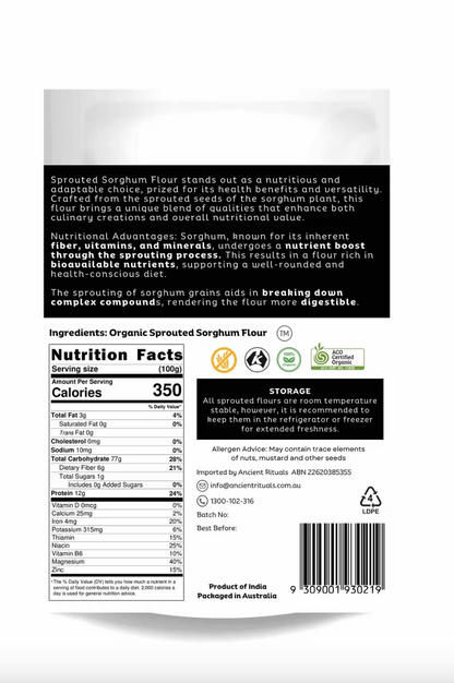 Ancient Rituals Sprouted Sorghum Flour 500g, Cold Milled & 100% Organic