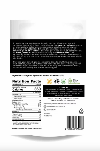 Ancient Rituals Sprouted Brown Rice Flour 500g, 100% Certified Organic