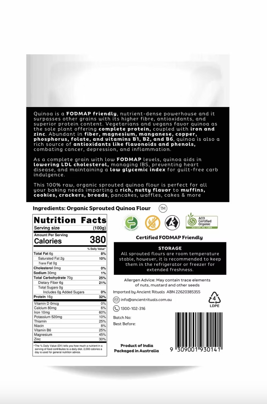 Ancient Rituals Sprouted Quinoa Flour 500g, 100% Certified Organic