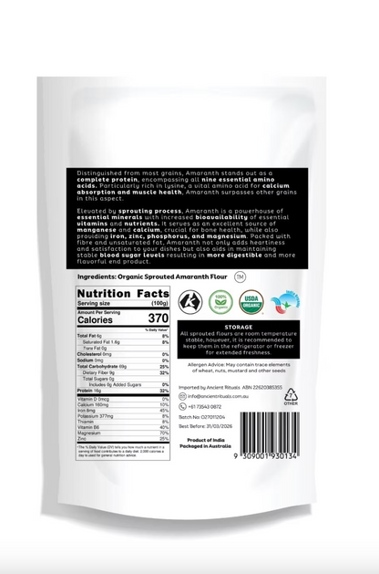 Ancient Rituals Sprouted Amaranth Flour 500g, 100% Certified Organic
