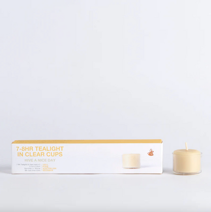 Queen B Pure Australian Beeswax Tealight Beeswax Candles In Clear Cups | 7-8 Hour Burn Time