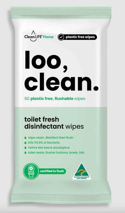 Clean LIFE Loo Clean Disinfectant Wipes 15pk or 60pk, Plastic Free & Flushable