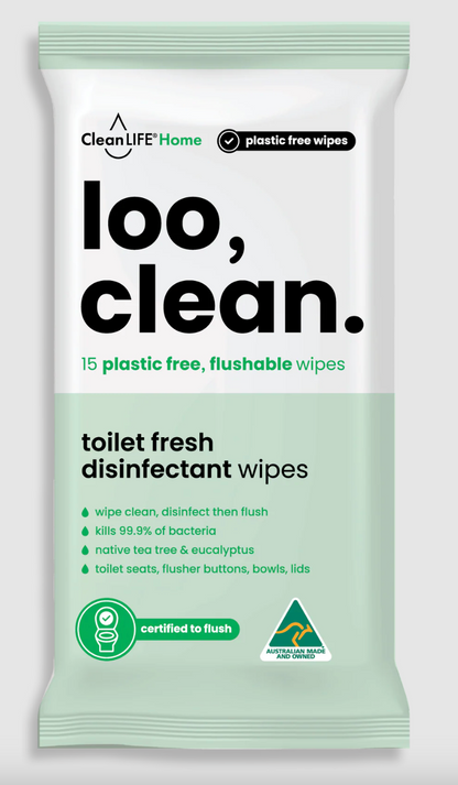 Clean LIFE Loo Clean Disinfectant Wipes 15pk or 60pk, Plastic Free & Flushable