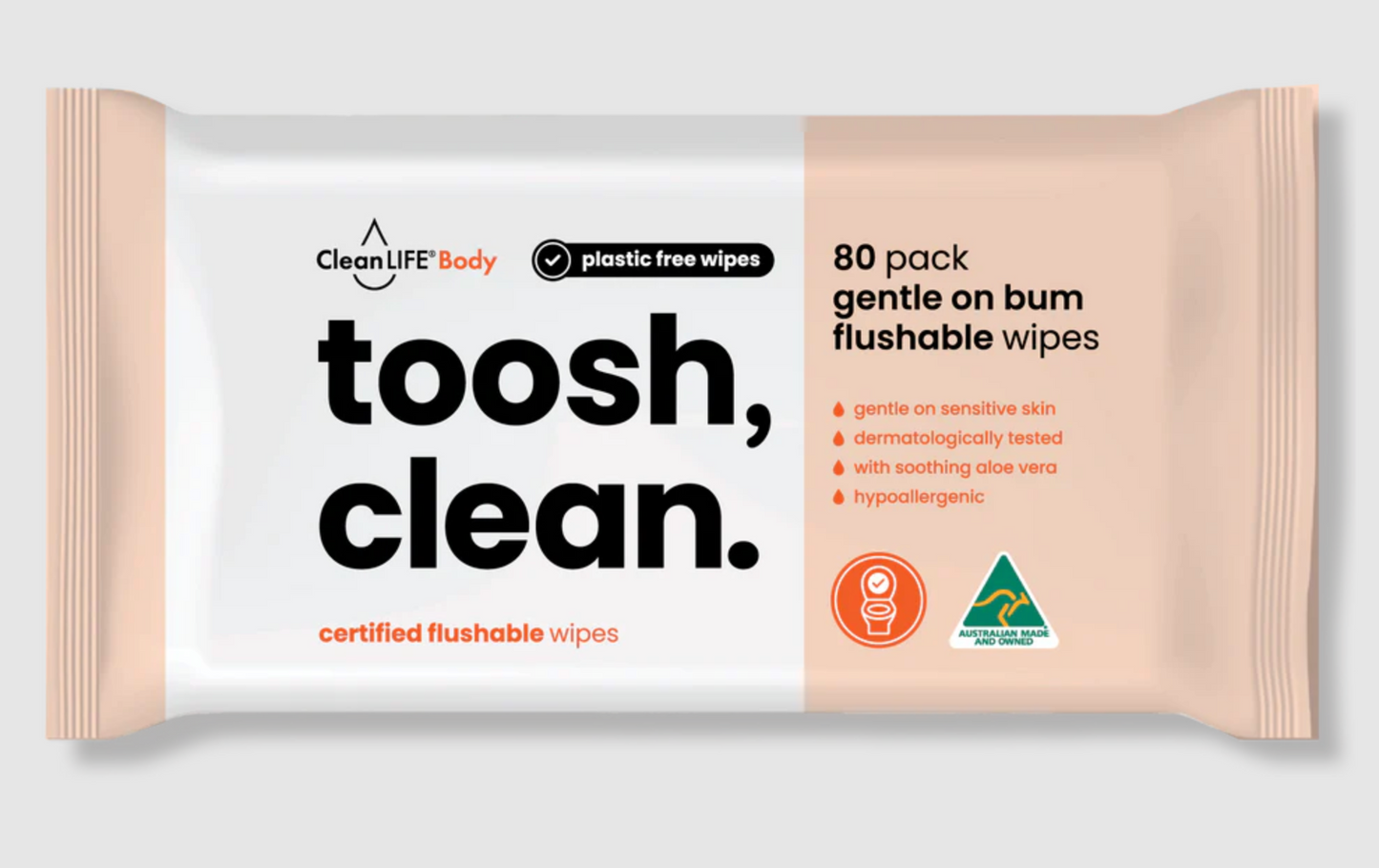 Clean LIFE Toosh Clean Flushable Wipes 80pk, Soft & Plastic Free