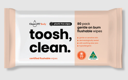 Clean LIFE Toosh Clean Flushable Wipes 80pk, Soft & Plastic Free