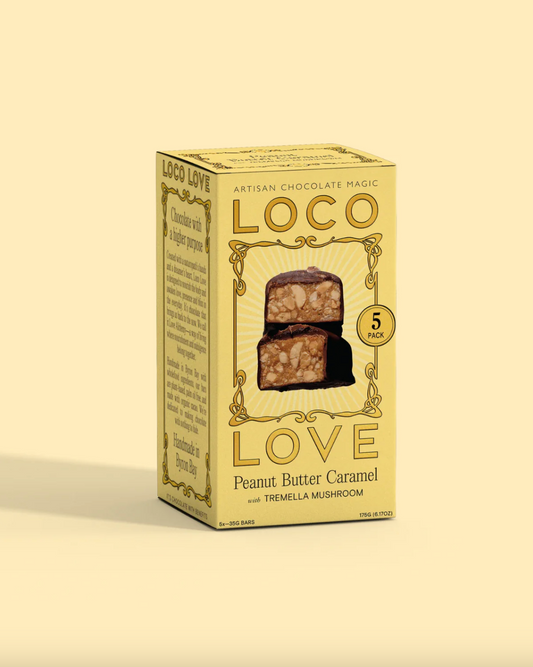 Loco Love Chocolate Five Pack 5 x 35g Bars, Peanut Butter Caramel With Tremella Mushroom