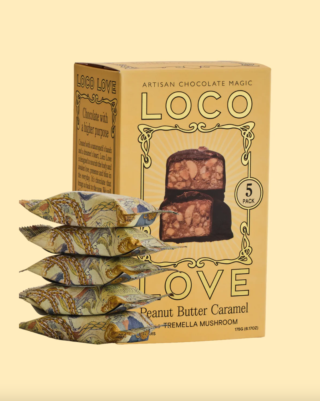 Loco Love Chocolate Five Pack 5 x 35g Bars, Peanut Butter Caramel With Tremella Mushroom