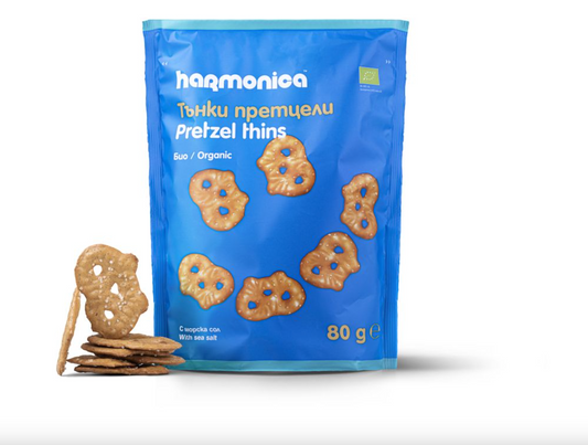 Harmonica Organic Pretzel Thins With Sea Salt 80g, A Delicious & Crunchy Snack