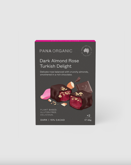 Pana Organic Dark Almond Rose Turkish Delight 2 x 66g Bars, Certified Organic