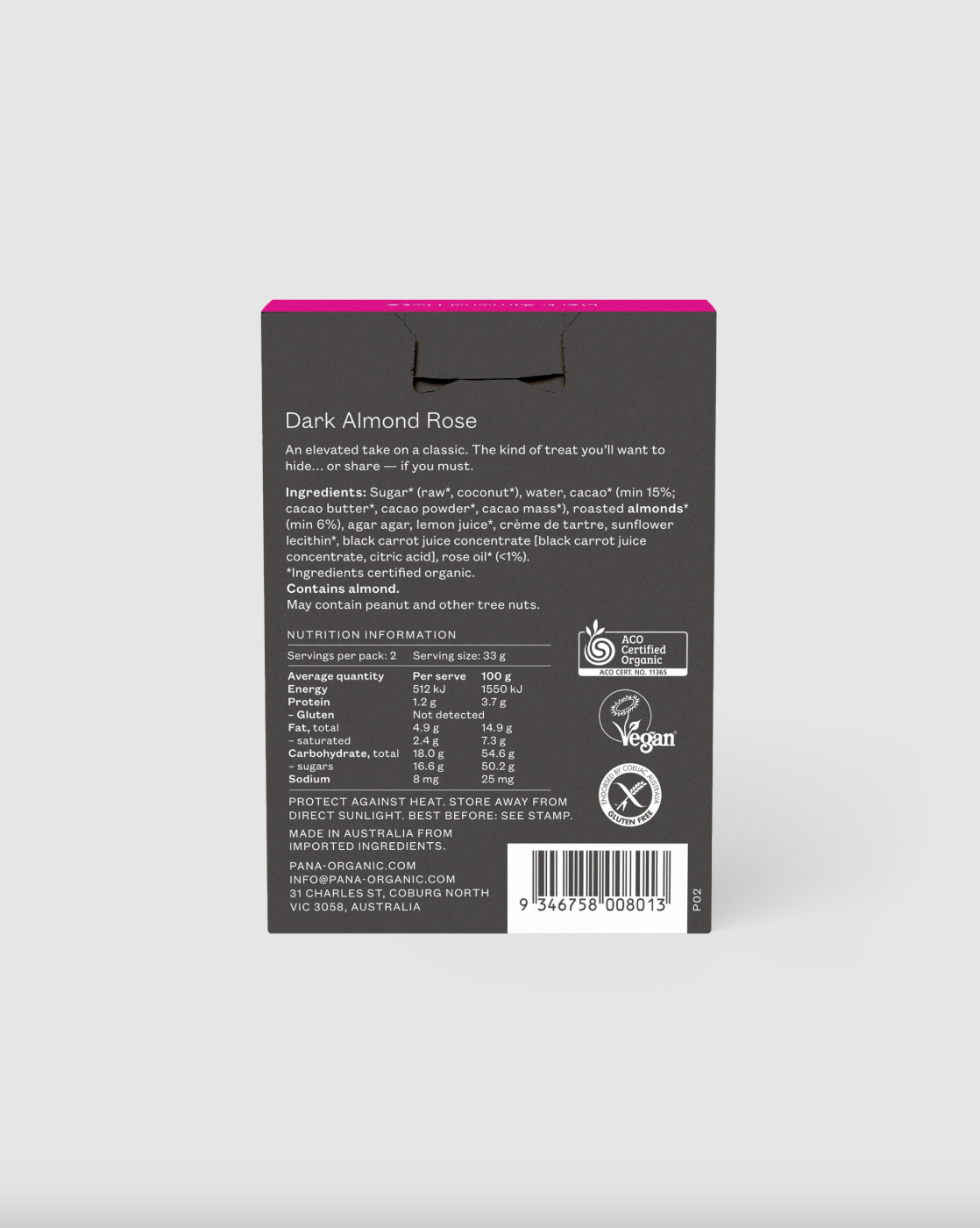 Pana Organic Dark Almond Rose Turkish Delight 2 x 66g Bars, Certified Organic