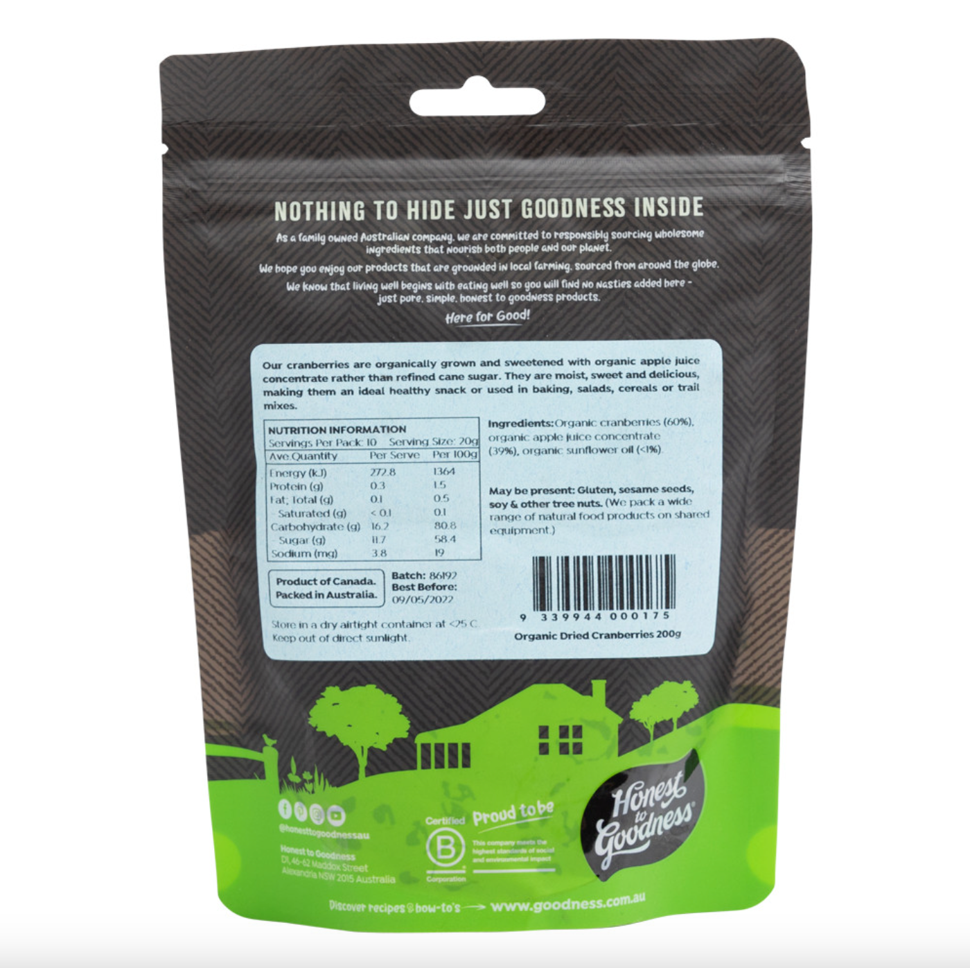 Honest To Goodness Organic Dried Cranberries 200g, Naturally Dried