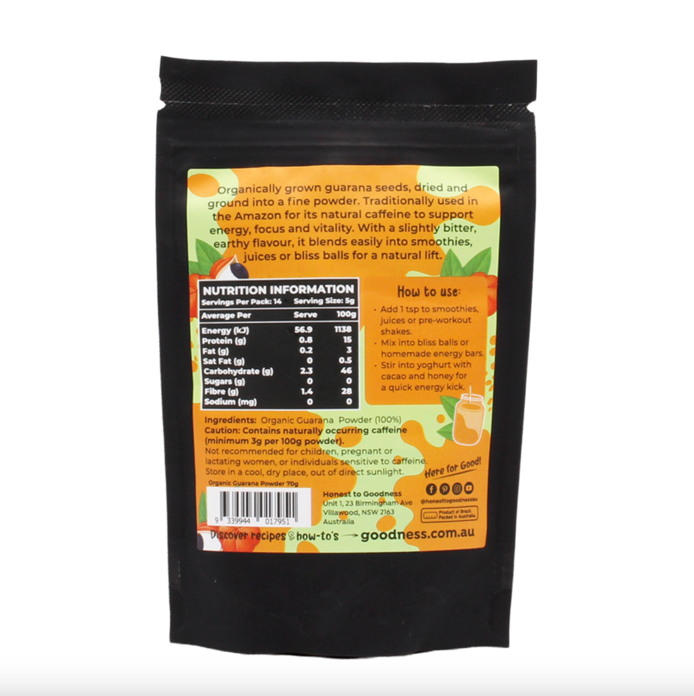 Honest To Goodness Organic Guarana Powder 70g, Natural Energy Booster