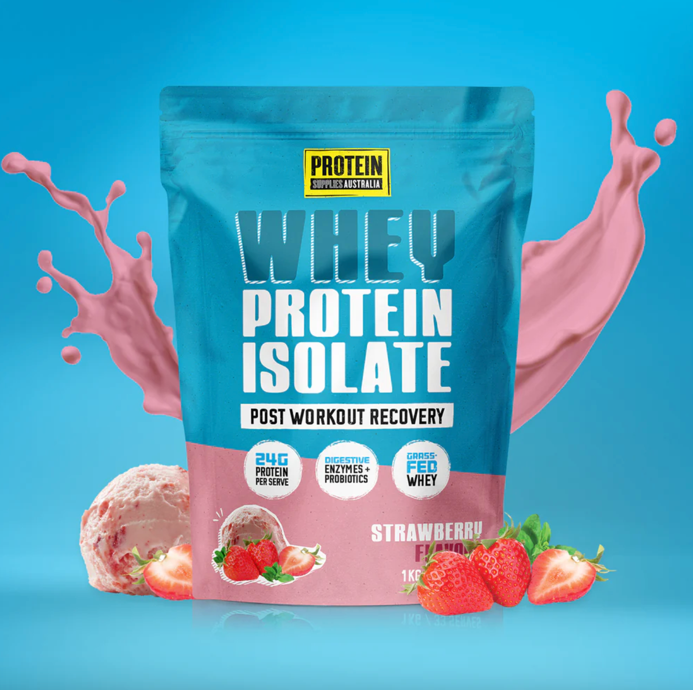 Protein Supplies Australia Whey Protein Isolate (WPI) 500g Or 1Kg, Strawberry Flavour