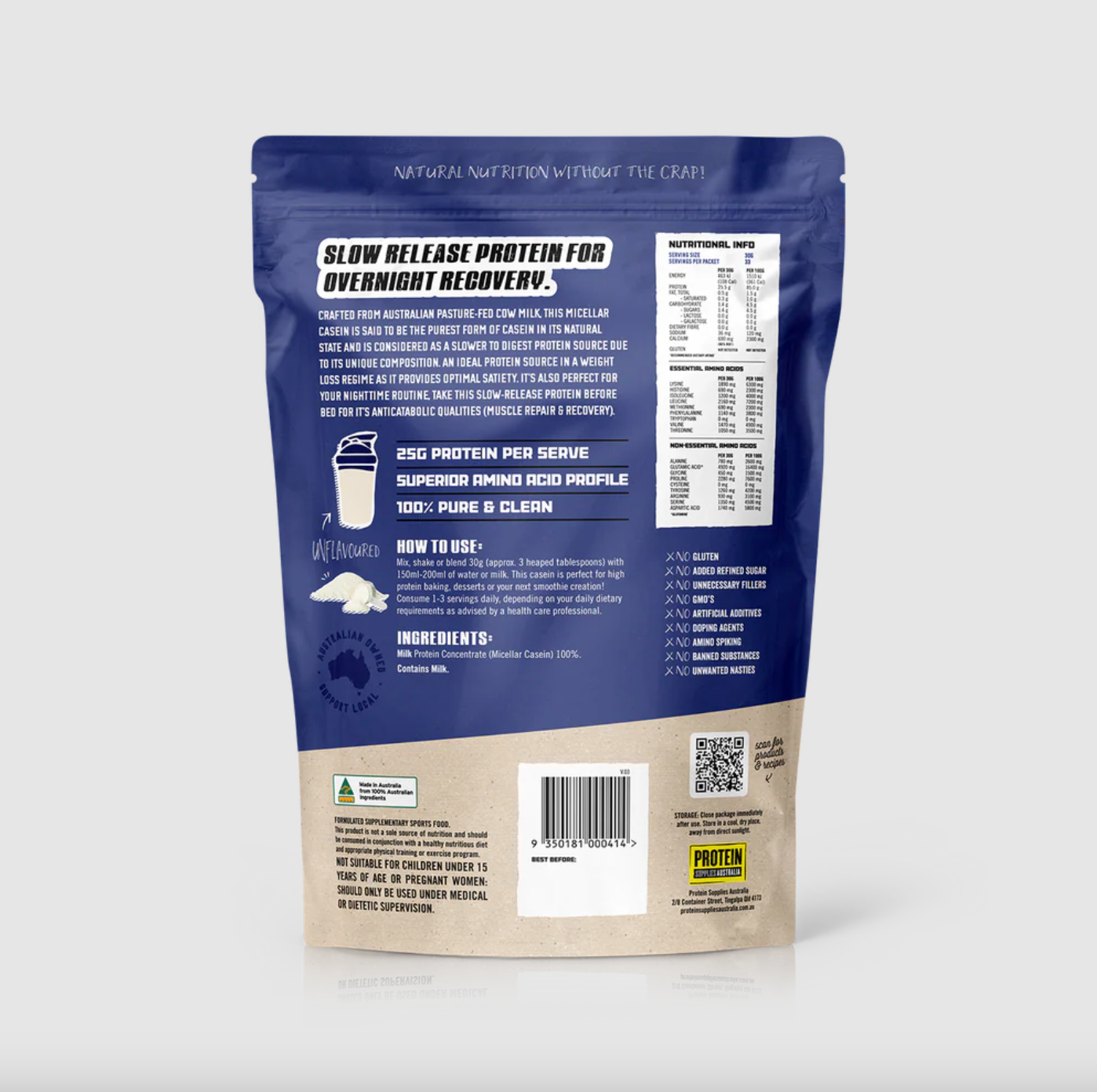 Protein Supplies Australia Micellar Casein Protein (Slow Release) 1Kg, Unflavoured