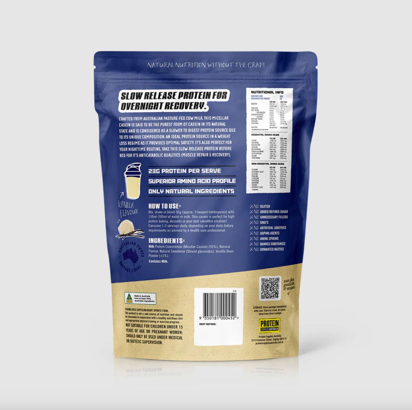 Protein Supplies Australia Micellar Casein Protein (Slow Release) 1Kg, Vanilla Flavour