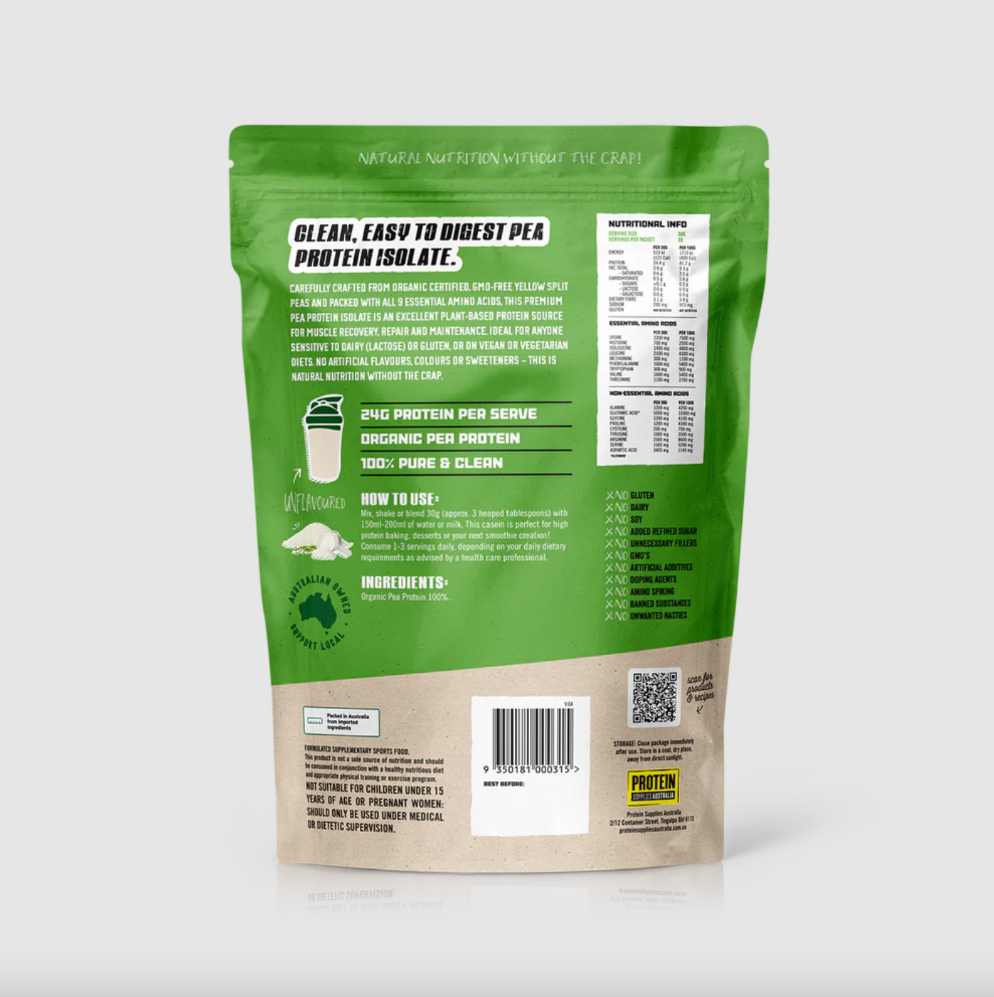Protein Supplies Australia Organic Pea Protein Isolate 500g Or 1Kg, Unflavoured