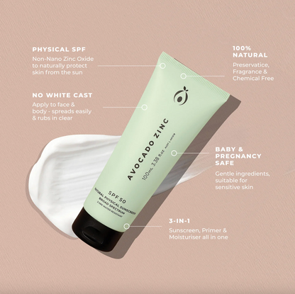 Avocado Zinc SPF 50 Natural Physical Sunscreen 100mL, 2 Hours Water Resistant