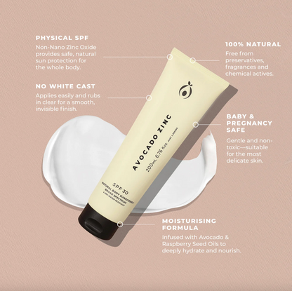 Avocado Zinc SPF 30 Natural Body Sunscreen 200mL, Rubs In Clear