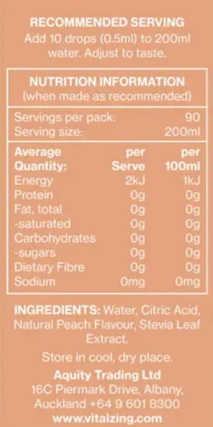 Vital Zing Flavour Enhancer Peach Iced Tea Water Drops 45mL, Sugar & Colouring Free