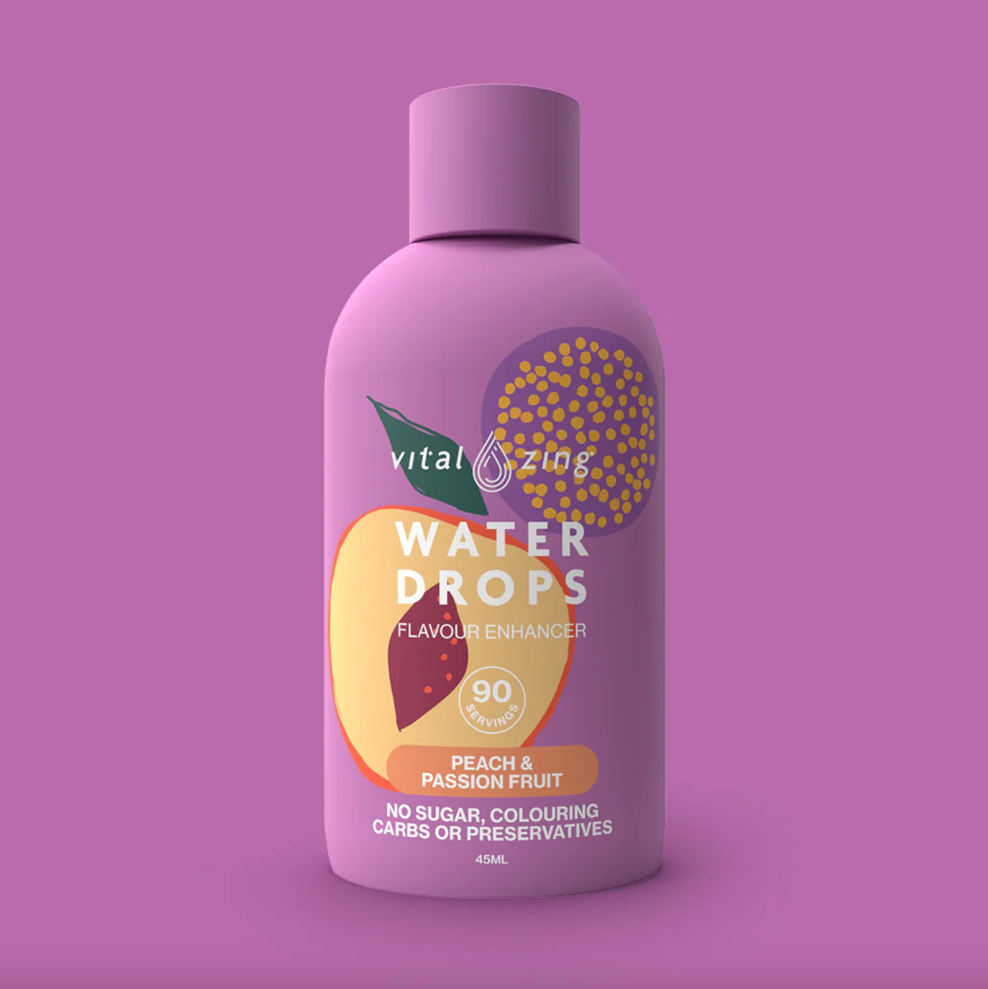 Vital Zing Flavour Enhancer Peach & Passionfruit Water Drops 45mL, Sugar & Colouring Free