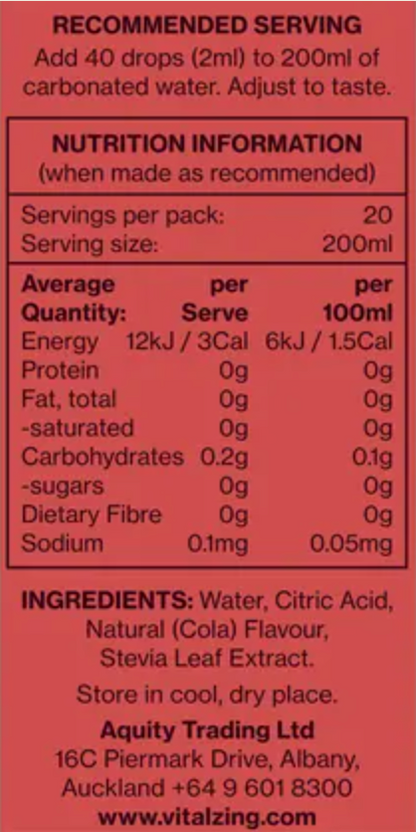 Vital Zing Natural Flavouring Cola Soda Drops 40mL, Sugar & Preservative Free
