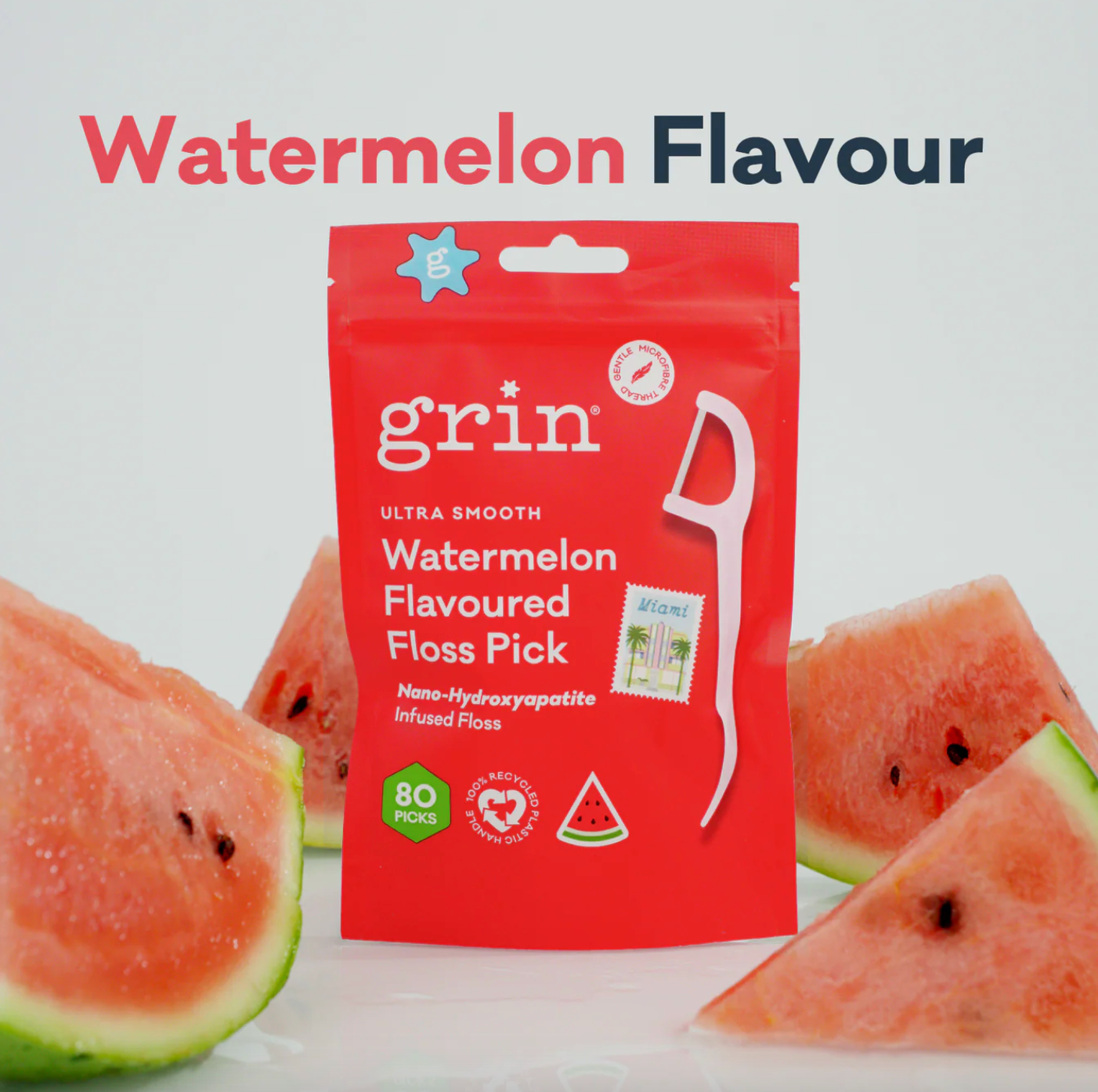 Grin Ultra Smooth Watermelon Flavoured Floss Pick 80 Picks, Infused With Nano-Hydroxyapatite