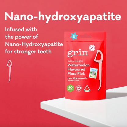 Grin Ultra Smooth Watermelon Flavoured Floss Pick 80 Picks, Infused With Nano-Hydroxyapatite