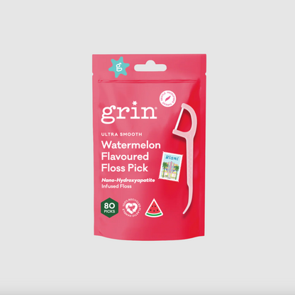 Grin Ultra Smooth Watermelon Flavoured Floss Pick 80 Picks, Infused With Nano-Hydroxyapatite