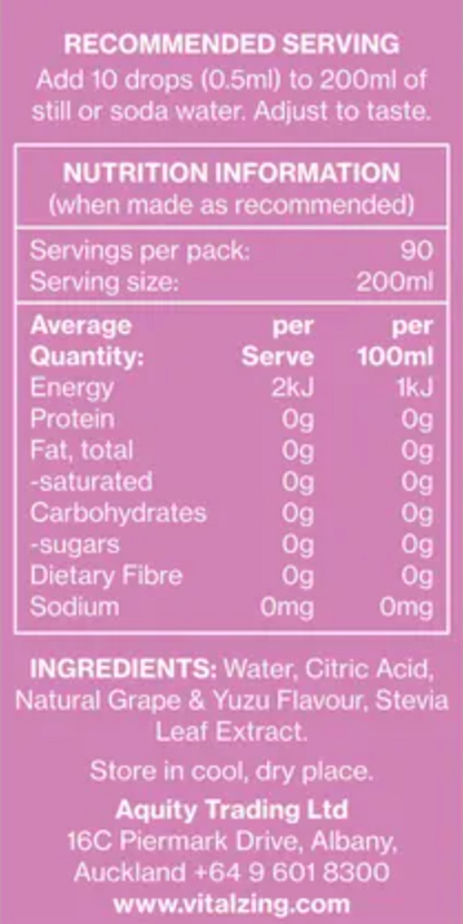 Vital Zing Flavour Enhancer Grape & Yuzu Water Drops 45mL, Sugar & Colouring Free