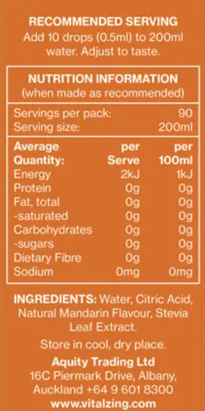 Vital Zing Flavour Enhancer Mandarin Water Drops 45mL, Sugar & Colouring Free