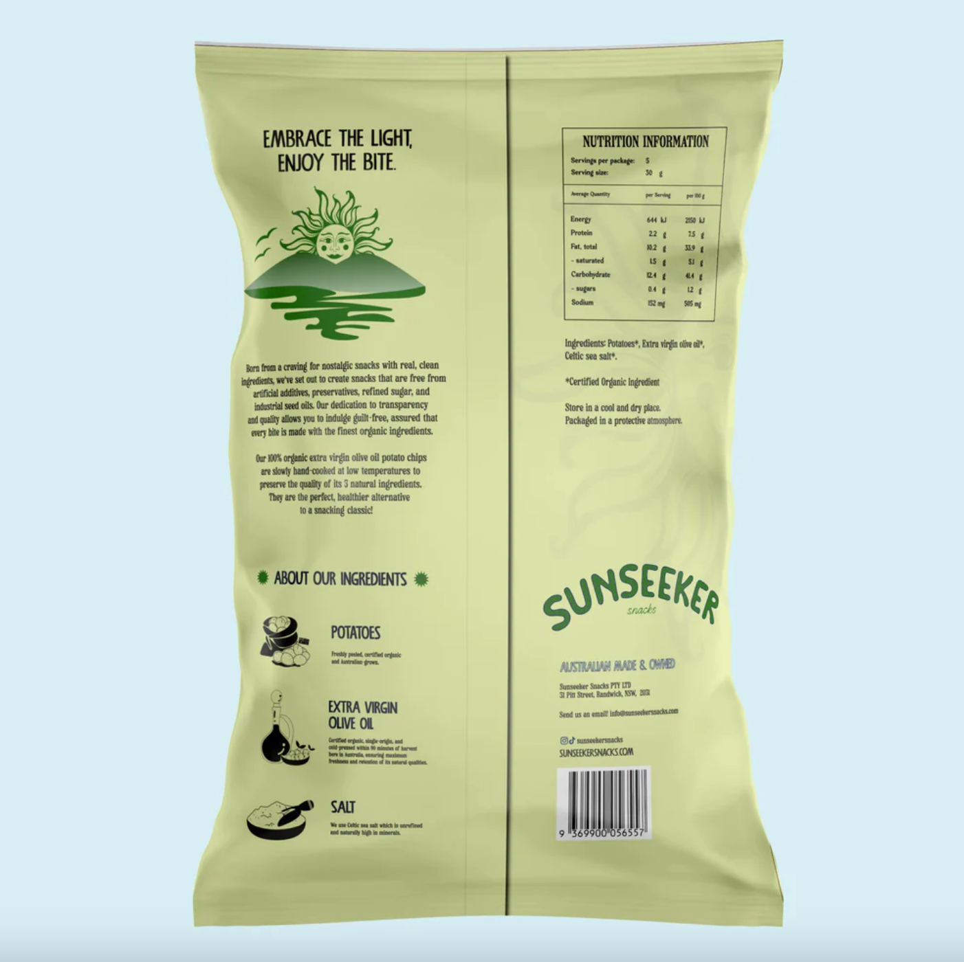 Sunseeker Snacks Organic Extra Virgin Olive Oil Potato Chips 140g, Sprinkled With Celtic Sea Salt