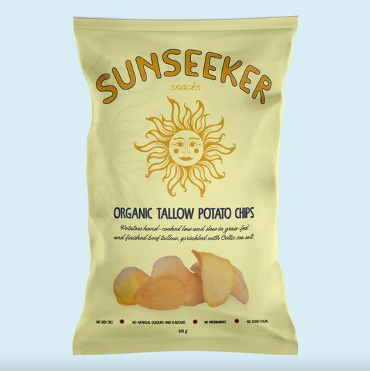 Sunseeker Snacks Organic 100% Grass-Fed Beef Tallow Potato Chips 140g, Sprinkled With Celtic Sea Salt