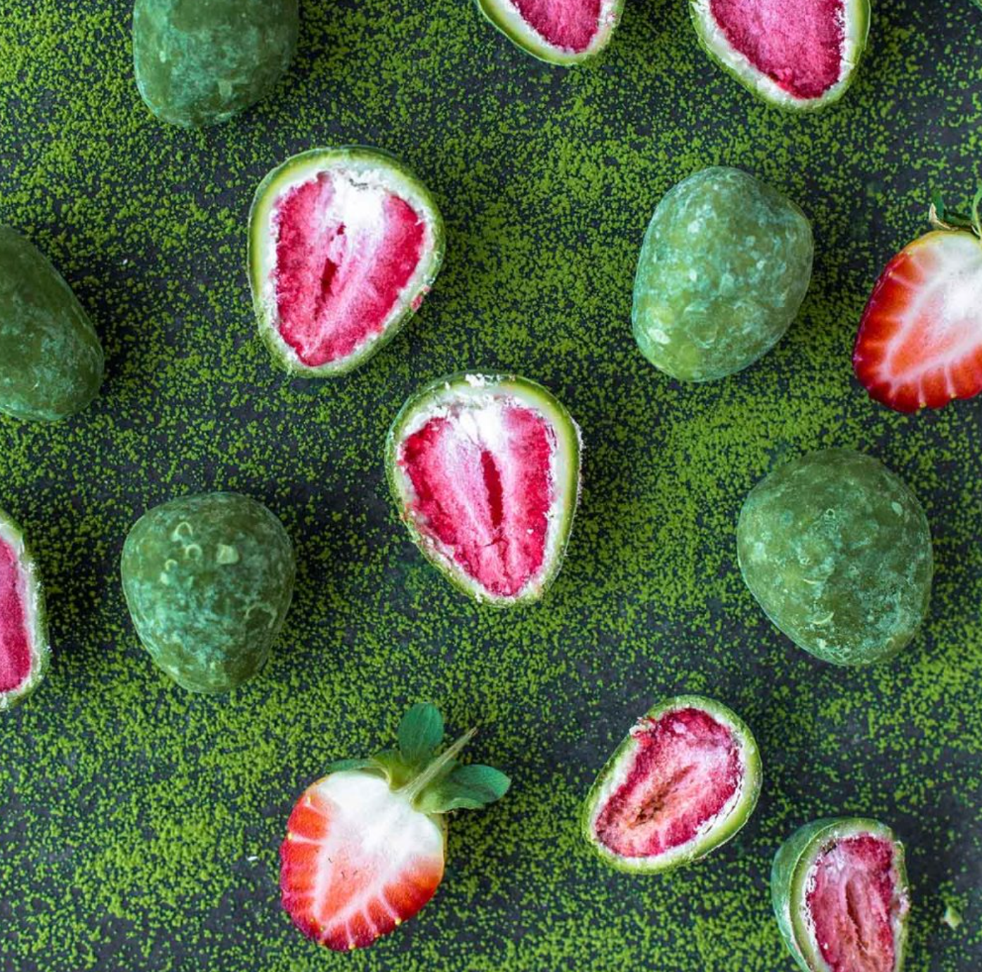 Organic Times Certified Organic Matcha White Chocolate Coated Strawberries 100g, With Freeze Dried Strawberries
