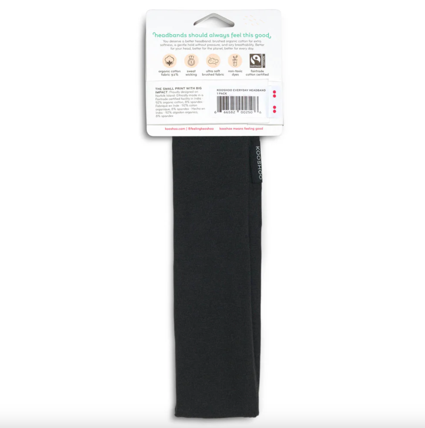 Kooshoo Organic Cotton Everyday Headband, Jet Black Coloured Fabric