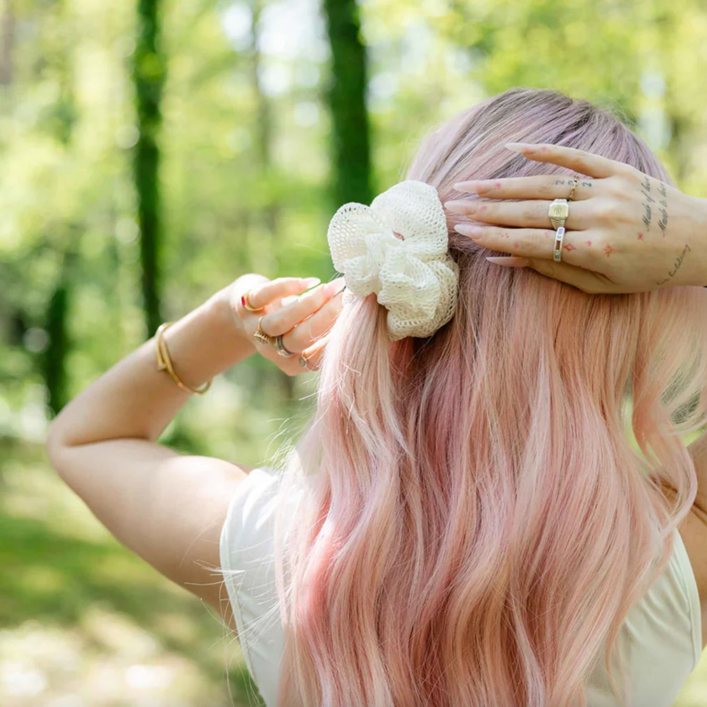 Kooshoo Plastic-Free Honeycomb Scrunchie, Coconut Milk Coloured Fabric