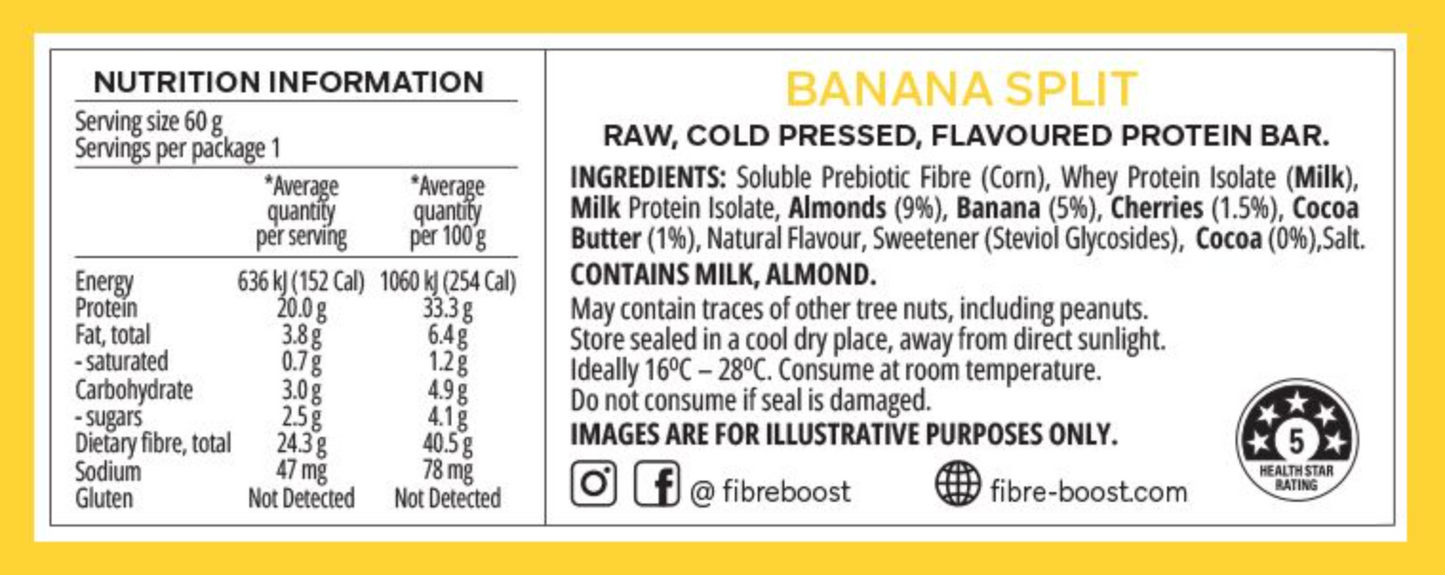 Fibre Boost Cold Pressed Protein Bar Single or Box of 12, Banana Split Flavour